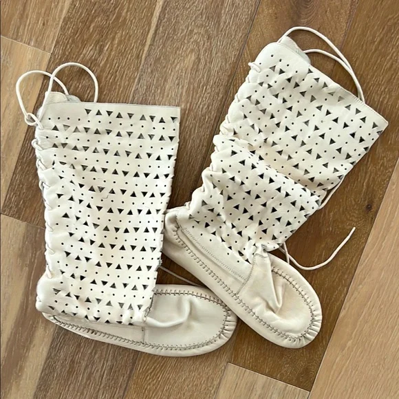 Vintage Leather Perforated Knee-High Moccasin Boots - Picture 1 of 6